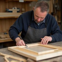 Focused Liam, Head Framer, working meticulously on a wooden frame in a workshop.