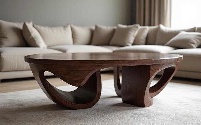 Coffee table with decorative legs shaped like a musical treble clef, in a modern living room