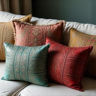 Decorative throw pillows with intricate patterns and textures, part of a textile art collection